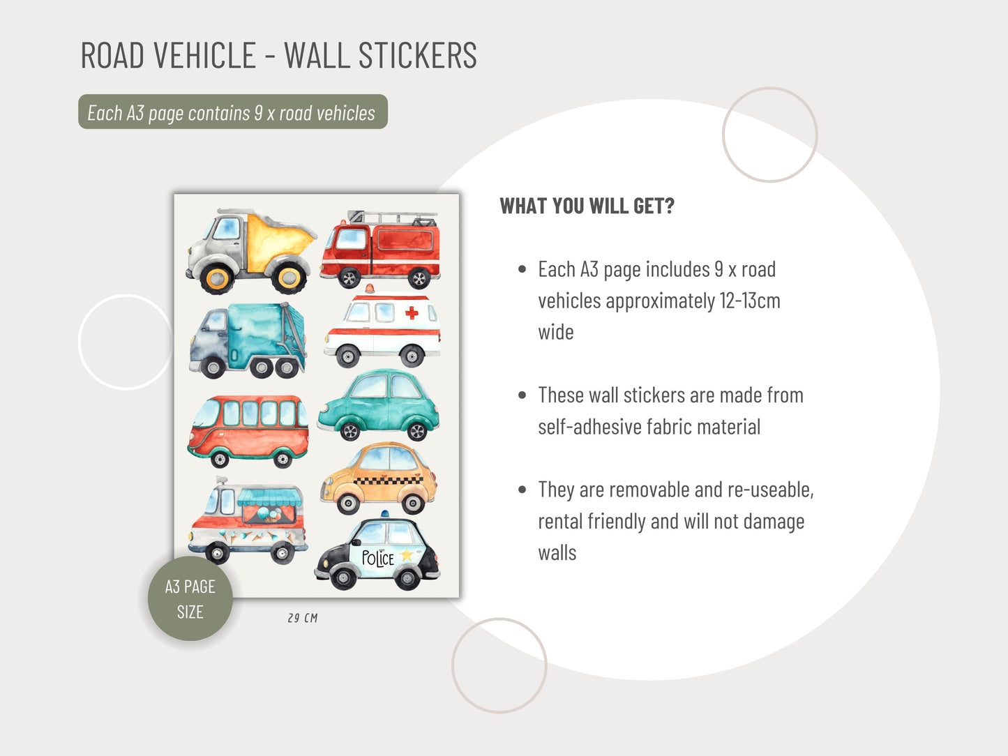 Watercolour Road Vehicles - Fabric Wall Decals