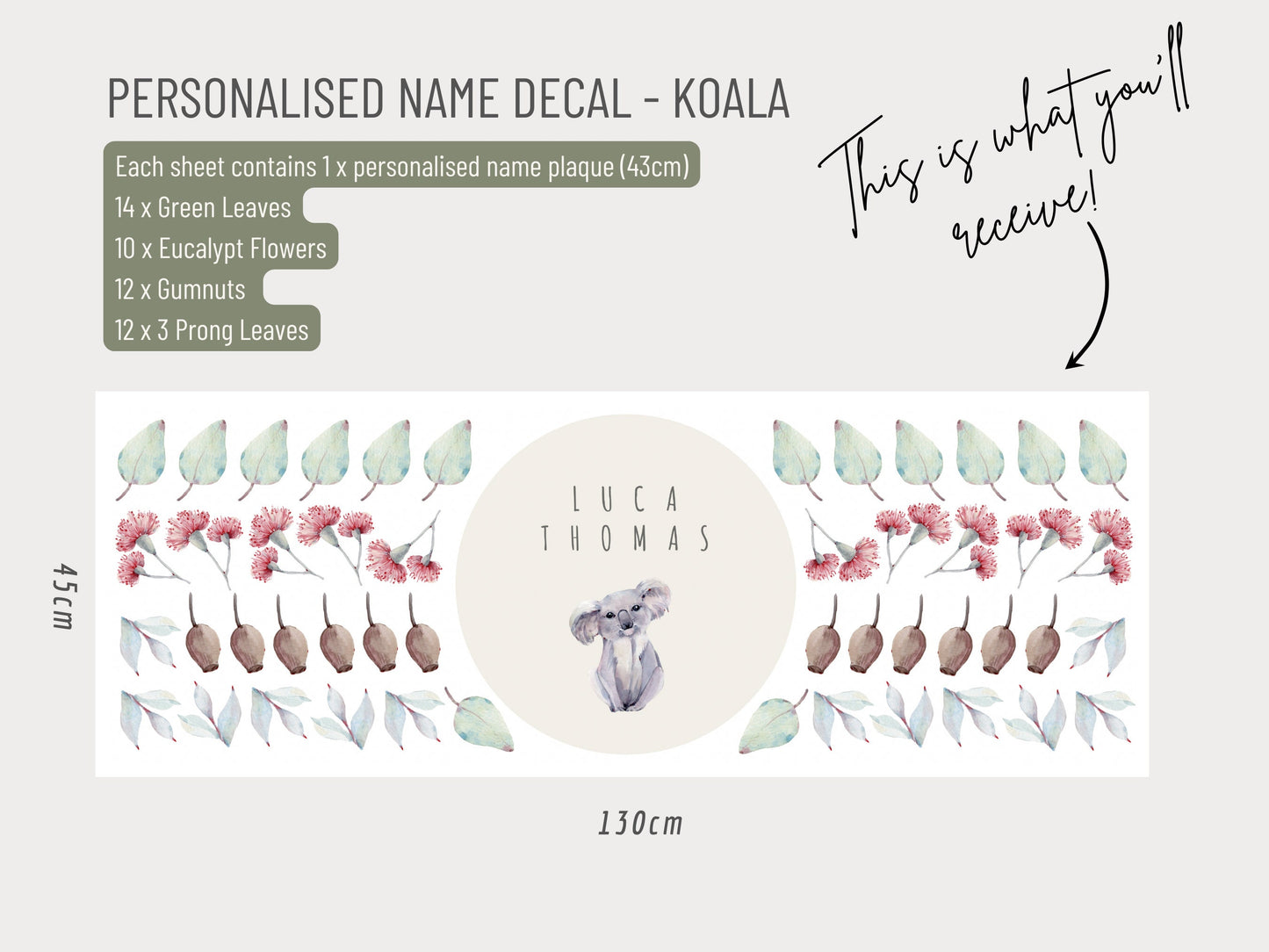 Personalised Custom Name Wall Decal - Koala / Australian gum leaves