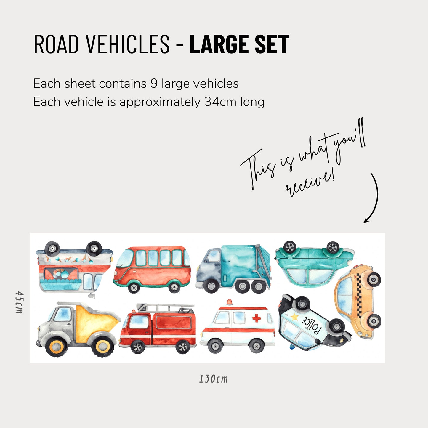 Large Watercolour Road Vehicles - Fabric Wall Decals