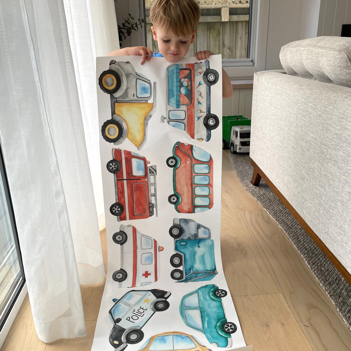 Large Watercolour Road Vehicles - Fabric Wall Decals