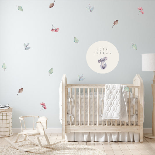 Personalised Custom Name Wall Decal - Koala / Australian gum leaves