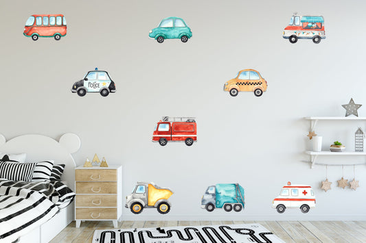 Large Watercolour Road Vehicles - Fabric Wall Decals