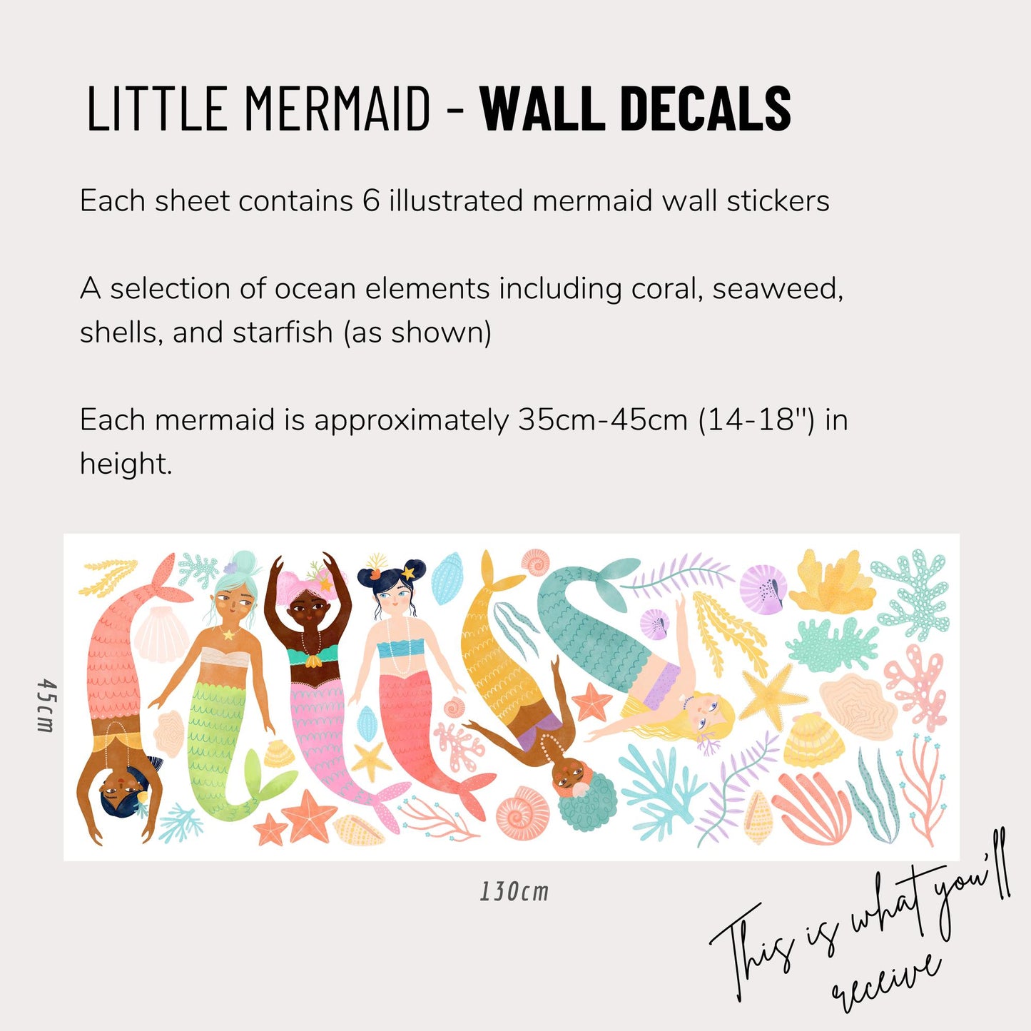 Little Mermaid Wall Stickers for Girls - Girl decals, beach wall stickers, mermaid decor, peel and stick girl wall decor
