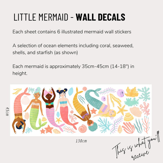 Little Mermaid Wall Stickers for Girls - Girl decals, beach wall stickers, mermaid decor, peel and stick girl wall decor