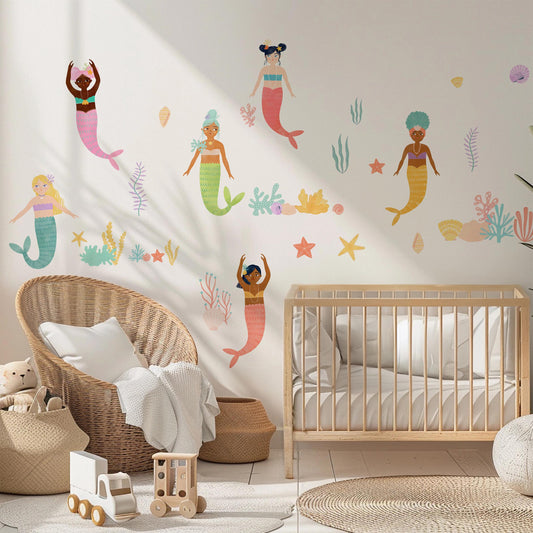 Little Mermaid Wall Stickers for Girls - Girl decals, beach wall stickers, mermaid decor, peel and stick girl wall decor