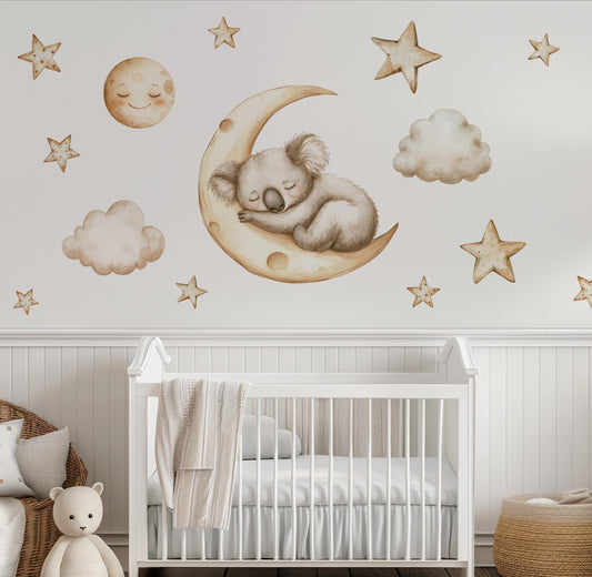 Sleeping Koala Wall Decals | Koala Nursery Decor | Moon & Stars Wall Stickers | Australian Animal Baby Room Decor | Kids Bedroom Wall Art