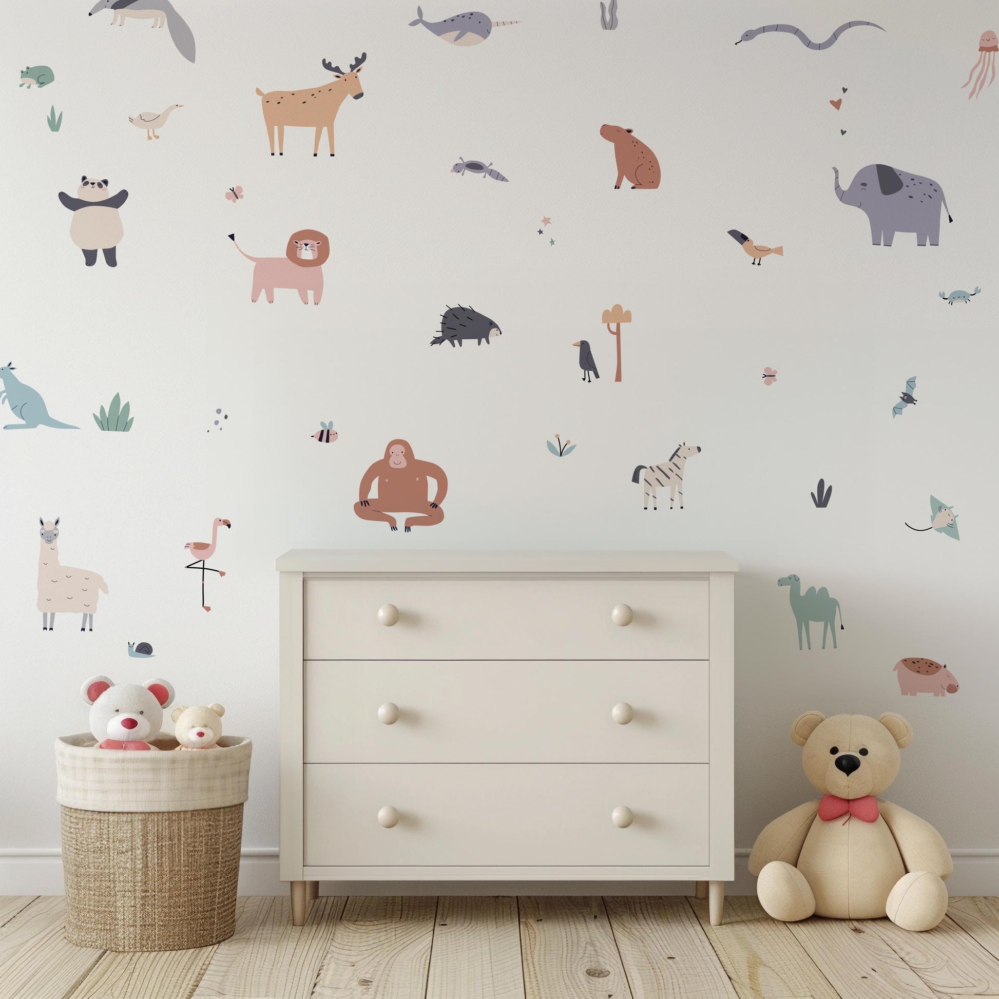 Mini Animal Nursery Wall Stickers | Set of 3 A3 Sheets | Elephant, Lion, Llama & Friends | Peel and Stick Decals