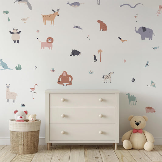 Mini Animal Nursery Wall Stickers | Set of 3 A3 Sheets | Elephant, Lion, Llama & Friends | Peel and Stick Decals