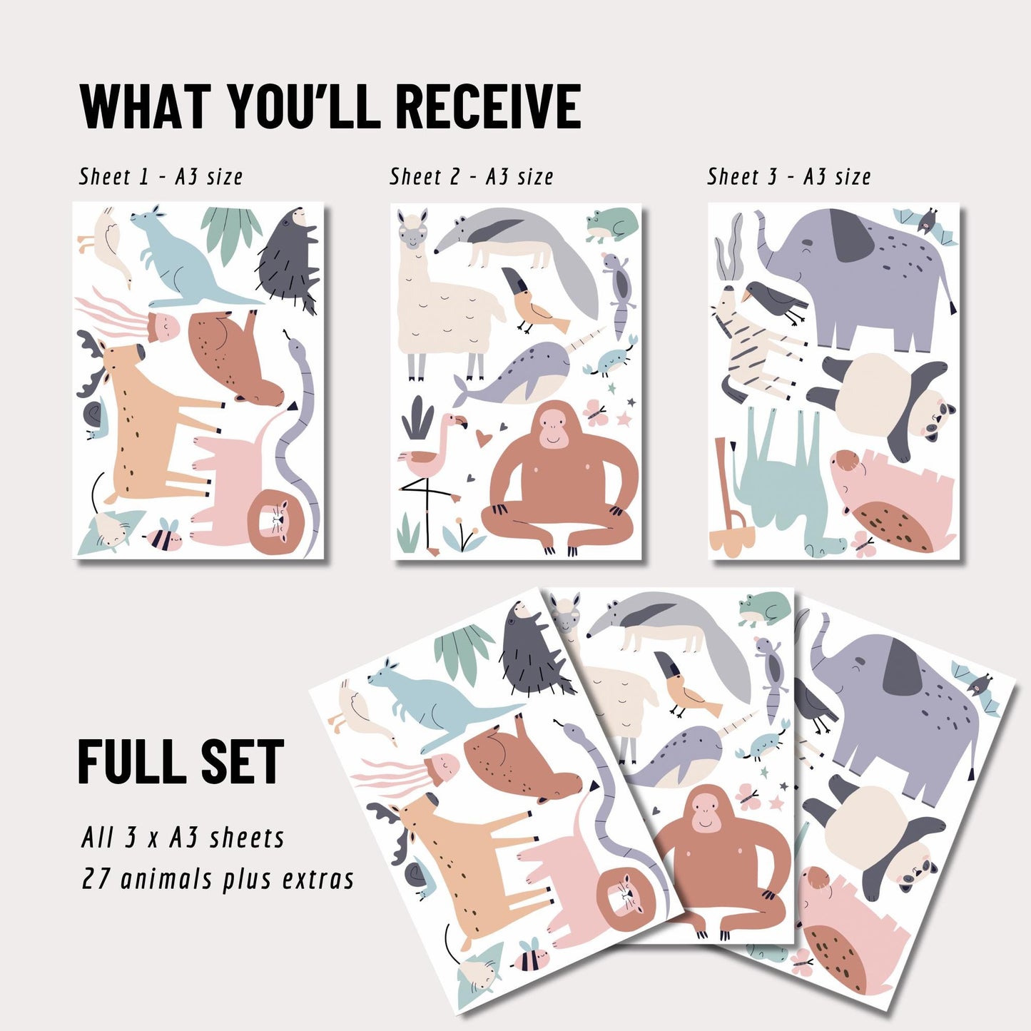 Mini Animal Nursery Wall Stickers | Set of 3 A3 Sheets | Elephant, Lion, Llama & Friends | Peel and Stick Decals